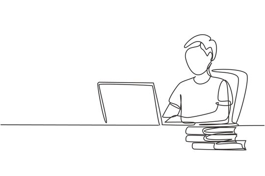 Single one line drawing young man studying with laptop and pile of books. Back to school, intelligent student, online education concept. Modern continuous line draw design graphic vector illustration