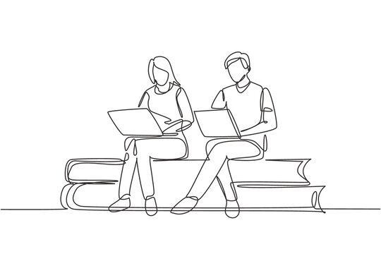 Single one line drawing couple with laptop sitting on pile of books together. Freelance, distance learning, online courses, studying concept. Continuous line draw design graphic vector illustration