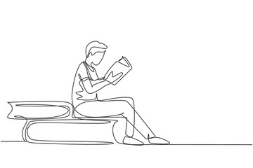 Fototapeta na wymiar Continuous one line drawing young man reading, learning and sitting on big books. Study in library. Literature fans or lovers, education concept. Single line draw design vector graphic illustration