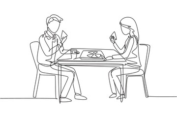 Single one line drawing young couple husband and wife having meal around table. Celebrate wedding anniversary with romantic dinner. Modern continuous line draw design graphic vector illustration