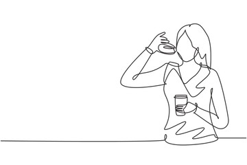 Single one line drawing young woman having donut meal and drink cup of coffee with hand. Enjoy breakfast. Delicious and healthy food. Modern continuous line draw design graphic vector illustration