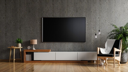 Tv mockup on cabinet in living room the concrete wall.