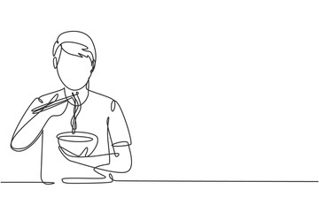 Single one line drawing young male having noodles meal with chopsticks around table. Enjoy lunch when hungry. Delicious and healthy food. Modern continuous line draw design graphic vector illustration