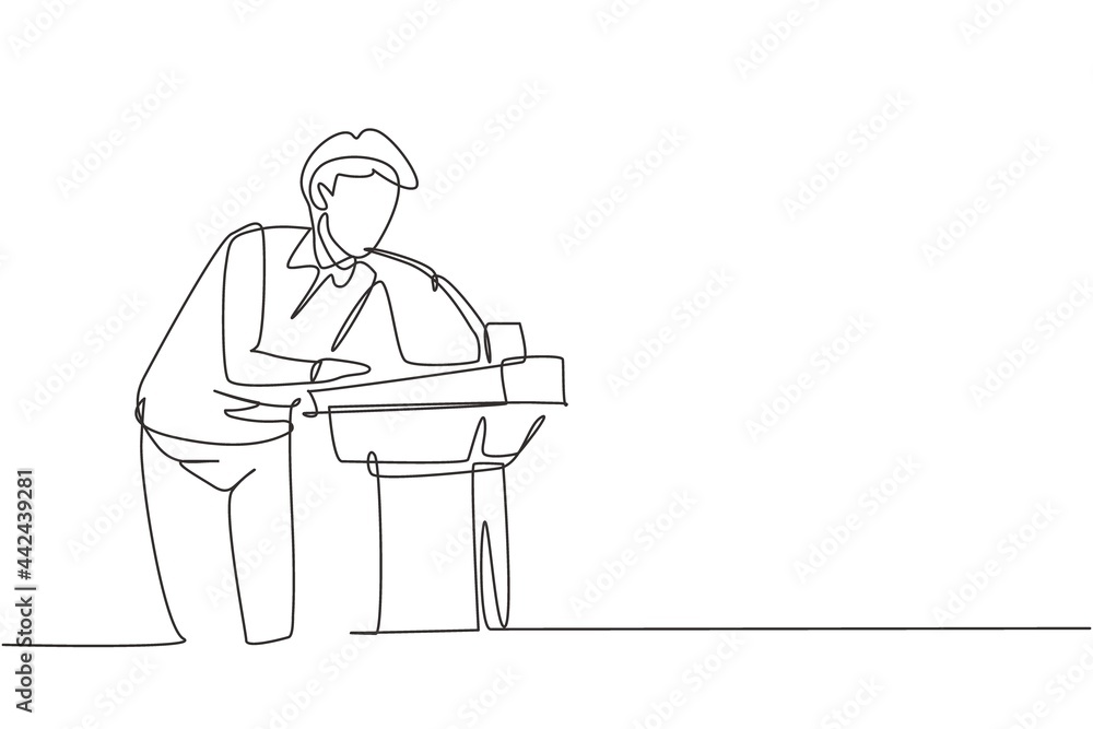 Poster continuous one line drawing a young man who is thirsty drinking at ready-to-drink taps that are wide