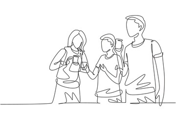 Single one line drawing teenagers celebrate togetherness and friendship by drinking hot tea. Relaxing and refresh moment in life. Modern continuous line draw design graphic vector illustration