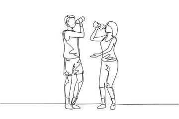 Single continuous line drawing couple of teenagers standing while enjoying a bottle of fresh water after exercise together. Healthy lifestyle. Dynamic one line draw graphic design vector illustration