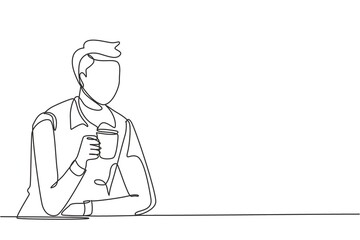 Continuous one line drawing young man sitting and holding a cup of coffee in one hand. Enjoy morning before work at office. Success person concept. Single line draw design vector graphic illustration