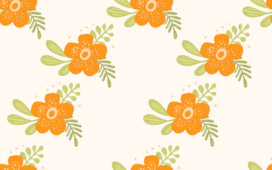 Seamless floral pattern based on traditional folk art ornaments. Colorful flowers on light background. Scandinavian style. Sweden nordic style. Vector illustration. Simple minimalistic pattern