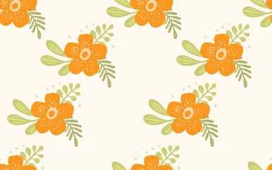 Gordijnen Seamless floral pattern based on traditional folk art ornaments. Colorful flowers on light background. Scandinavian style. Sweden nordic style. Vector illustration. Simple minimalistic pattern © Alla
