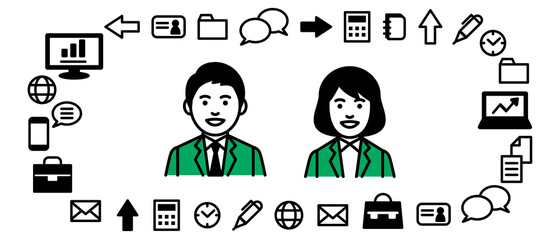 Business tools with businessman and businesswoman. Vector illustration.