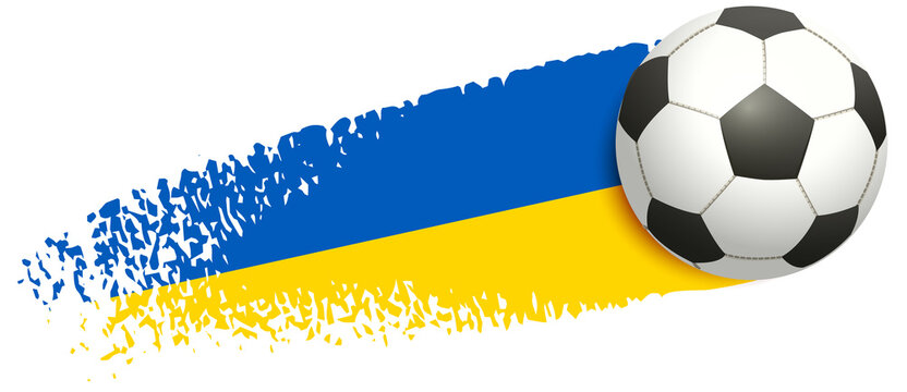 Victory Ukraine national team football. Soccer ball fly Ukrainian flag