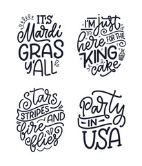 Set with funny hand drawn lettering quotes about Mardi Gras. Cool phrases for print and poster design. Inspirational slogans. Vector