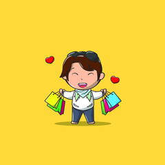the arans looks happy after shopping and brings many shop bag vector icon illustrations. People Icon Concept Isolated Premium Vector. Flat Cartoon Style