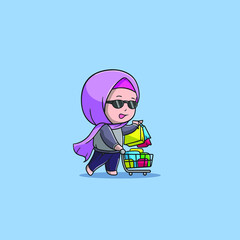 Cute Muslim girl pushing cart using glasses Vector Icon Illustration with a lot shop bag