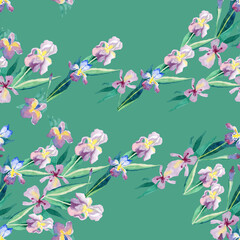 Obraz na płótnie Canvas Blossoming iris watercolor seamless pattern romantic summer for fabric