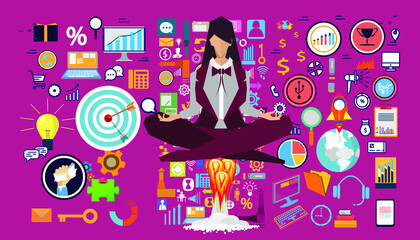 Businesswoman practicing  meditation  with icon set - business startup - for success,plan,think,search,analyze,communicate, innovation technology modern.  