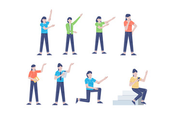 Fototapeta na wymiar businesswoman or young woman worker character presentation pose set with hand gesture in flat style isolated vector illustration