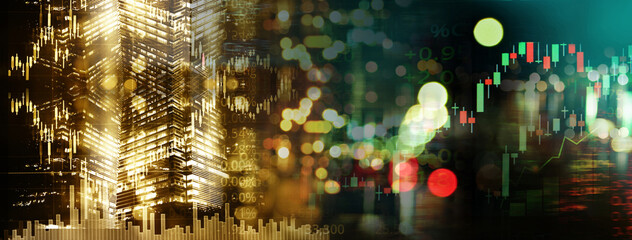 candle stick graph line of trade stock market and index number on glow blur city lamp light banner business background.