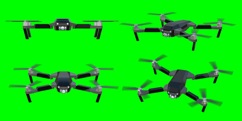 Set of 3D illustration black drone with camera isolated on green screen background. Original design.