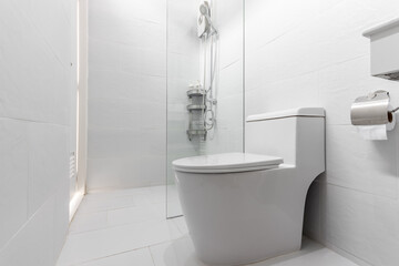 Obraz na płótnie Canvas clean white and minimal bathroom in house, white bathroom interior