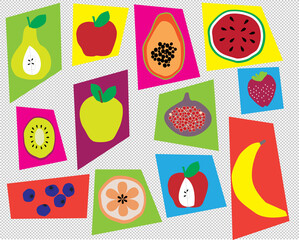 Set of fruits and vegetables. Vector illustration in Mid Century Modern Style.  Isolated and editable. 