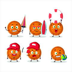 Happy Face orange biscuit cartoon character playing on a beach. Vector illustration