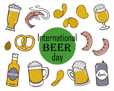 Vector collection of international beer day. Isolated illustrations of alcohol and snacks on a white background. Glass, bottle, can of ale. Chips, shrimps, sausages, pretzel. Flat style. 