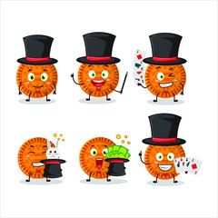 A orange biscuit Magician cartoon character perform on a stage. Vector illustration