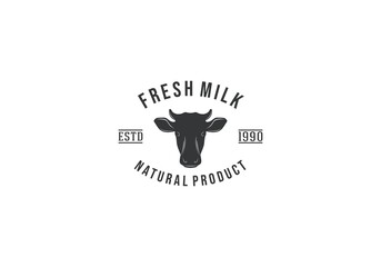 Head of a horned cow fresh milk, natural product - emblem, illustration, logo in white background