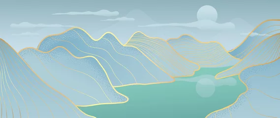 Foto auf Acrylglas Hellblau Berg und Sonne goldene Linie Kunst Hintergrundvektor. Orientalisches Luxuslandschaftshintergrunddesign mit Aquarellpinsel und Goldlinienbeschaffenheit. Tapetendesign, Wandkunst für Wohnkultur und Druck