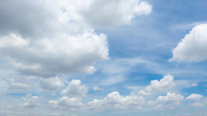 Naklejka na ściany i meble blue sky background with tiny clouds. panorama white fluffy clouds in the blue sky.Beautiful vast blue sky with amazing cloud background.Wide sky panorama with scattered cumulus clouds.