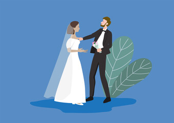 Vector of flat illustration, cartoon wedding, newlyweds, happy bride and groom.
