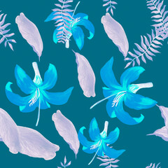 Navy Tropical Leaf. Cobalt Seamless Nature. Violet Pattern Foliage. Indigo Floral Botanical. Azure Flower Texture. Blue Decoration Nature. Drawing Illustration.