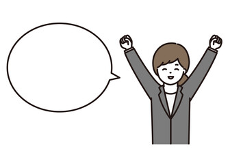 笑顔でガッツポーズをするビジネスウーマン 吹き出し