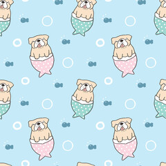 Seamless Pattern of Cartoon Bulldog Mermaid Illustration Design on Light Blue Background