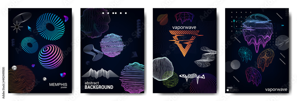 Poster universal retrofuturistic posters with 3d shapes and shapes. geometric elements with glitch, liquid 