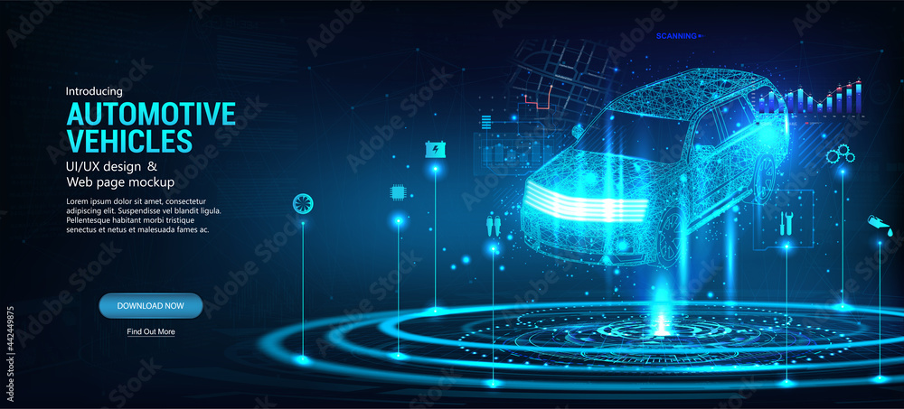 Poster Hologram polygonal model auto. Concept smart auto AI in futuristic style with HUD and concept icons. Driverless car working modes, Smart automobile and electric machine. Automation functions. Vector