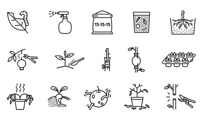 Collection of agricultural icons. Plant propagation symbols and problems. Simple design with black lines on white background.