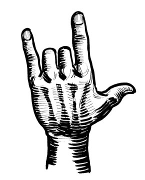 Hand showing heavy metal gesture. Ink black and white drawing