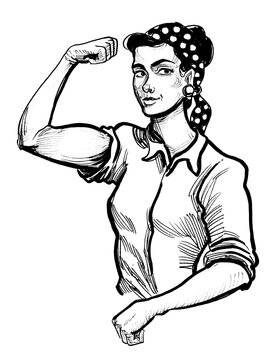 Pretty female worker flexing biceps. Ink black and white drawing