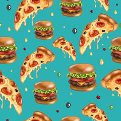 Bright seamless pattern with pepperoni pizza, burgers. On green background. No Diet Day. Trendy graphic fast food illustration. For packaging, background, printing on fabric, clothing.