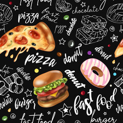 Bright seamless pattern pepperoni pizza, burgers, chocolate, donut, lettering. Chalk board. No Diet Day. Trendy graphic food illustration. For packaging, menu, background, printing on fabric, clothing
