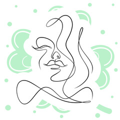 International Women's Day minimal design line drawing style. Portrait of young woman beauty face isolated on green leaf background. Vector for Spa, fashion, hairdressing and beautiful artwork design.