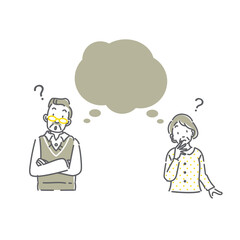 腕組みをして考えるシニア夫婦のイラスト　シンプル線画