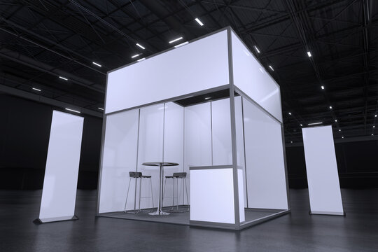 Exhibition standing for mockup and Corporate identity,Display.Empty booth design elements in Exhibition hall.Blank booth 3d illustration for trade show.Booth system with banner for Graphic.3d render.