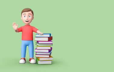 Young Student Leaning on a Stack of Books on Green Background with Copy Space 3D Illustration