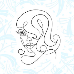 International Women's Day minimal design line drawing style. Portrait of young woman beauty face isolated on pastel leaf background. Vector for Spa, fashion, hairdressing and beautiful artwork design.