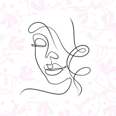 International Women's Day minimal design line drawing style. Portrait of young woman beauty face isolated on pastel leaf background. Vector for Spa, fashion, hairdressing and beautiful artwork design.