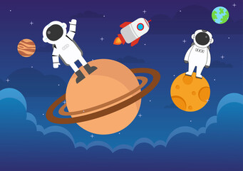Fototapeta premium Astronaut With Rocket Background Illustration For Explore In Outer Space And Movement See Stars, Moon, Planets, Ufo Or Asteroids