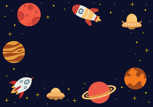 Astronaut With Rocket Background Illustration For Explore In Outer Space And Movement See Stars, Moon, Planets, Ufo Or Asteroids